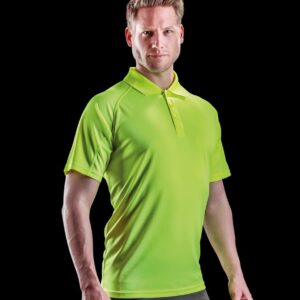 Quick dry breathable high-tech stretch fabric. Lightweight. Comfort fit. Ribbed collar. Three self colour button placket. Raglan sleeves. Top stitched shoulders and sleeve detail. Twin needle sleeves and hem. Tag free.