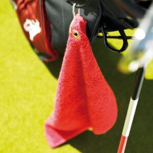 Golf towel with grommet and hook. Excellent absorbency qualities.