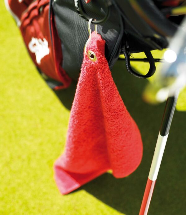 Golf towel with grommet and hook. Excellent absorbency qualities.