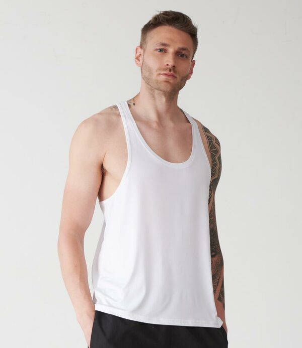 Lightweight. Self fabric bound neckline and armholes. Racer back style. Twin needle hem. Tear out label.