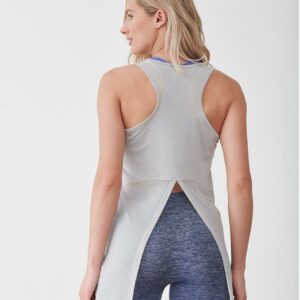 Self fabric bound neckline and armholes. Racer back style. Mesh lower back panel with split up the middle. Can be worn open or tied up. Twin needle hem. Tear out label.