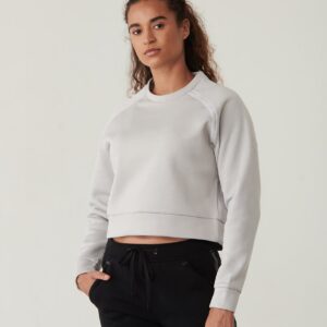 "Brushed back fleece. Cropped boxy fit. Self fabric collar