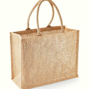 Gold shimmer thread detail. Cotton carry handles (55cm long). Capacity 21 litres.