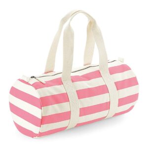 Printed stripe design. Webbing carry handles. Main zip compartment. Capacity 20 litres.
