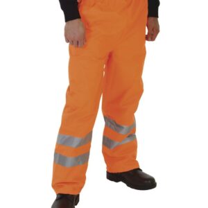 Conforms to EN ISO 20471: 2013 + A1: 2016 class 1 and EN343. RIS-3279-TOM. Stitched and taped seams. Elasticated waistband. Two side pockets. Two reflective bands around lower legs. Open leg ends with stud adjusters.