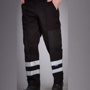 Conforms to EN388: 2003. Nylon ballistic material on outside leg from thigh to ankle. Part elasticated waistband with belt loops. Zip fly with concealed hook and bar over. Two side pockets. One rear jetted pocket. Sewn-in front crease. Two reflective bands around lower legs. Branded woven tab on lower left leg.