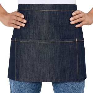 Easy care fabric.Three front pockets.Self fabric 95cm ties.Width 70cm.Length 36cm.Contrast stitching on blue denim and indigo denim.Domestic wash 60°C.Tear out label.