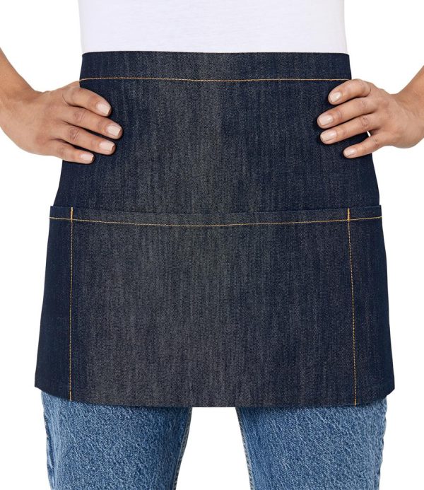 Easy care fabric.Three front pockets.Self fabric 95cm ties.Width 70cm.Length 36cm.Contrast stitching on blue denim and indigo denim.Domestic wash 60°C.Tear out label.