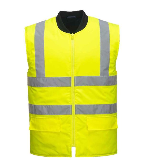 sleeves and one over each shoulder.Inner chest pocket.Two front pockets.Elasticated cuffs.Access for decoration.Zip out reversible 300D PU coated oxford polyester bodywarmer.Conforms to EN ISO 20471: class 2.ANSI/ISEA 107 class 2.2.One side has reflective bands on shoulders and body.Reverse side is quilted.Ribbed collar.Full length zip.Two front pockets - inside and out.