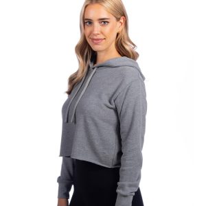 Sueded french terry fleece.Jersey lined hood with self colour drawcord.Drop shoulder style.Locket patch.Side seams.Cropped length.Ribbed cuffs.Raw edge hem.Tear out label.
